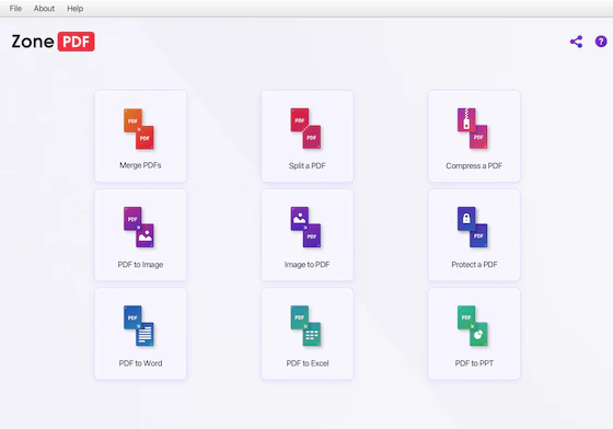 PDF 병합, 분할, 압축, 보호, 변환 도구가 있는 ZonePDF 데스크톱 앱